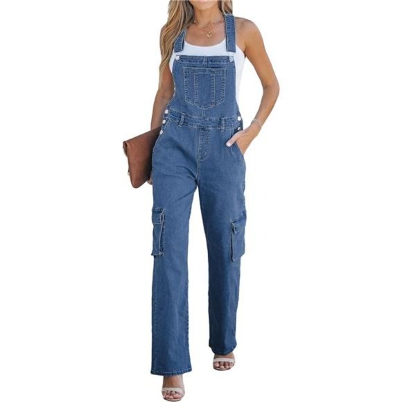 Cargo Jean Overalls for Women Wide Leg Stretchy Denim Jumpsuit